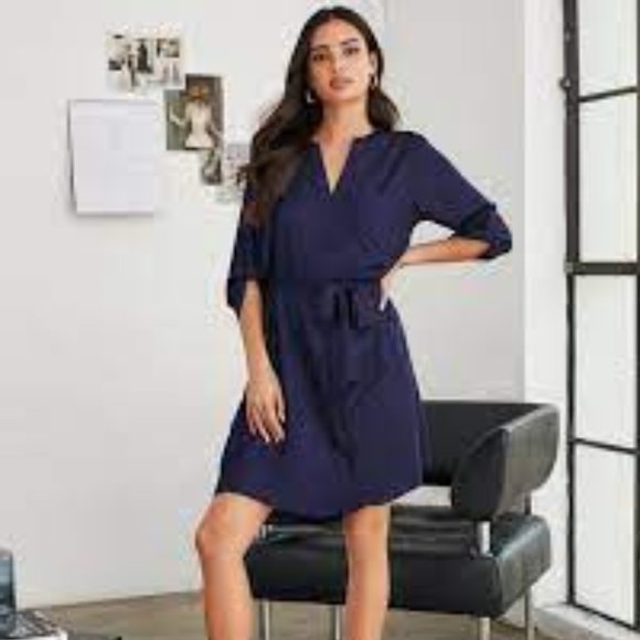 Navy Button Down Shirt Dress with self tie belt and 3/4 sleeves - Picture 1 of 4